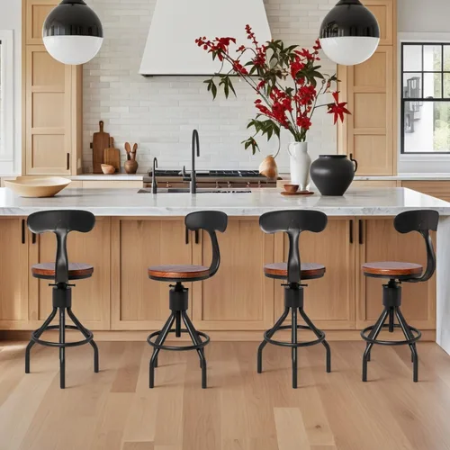Miniatura 6 de Juego de 2 taburetes de bar industriales con respaldo de 23 a 33 pulgadas, asiento giratorio de madera, isla de cocina, comedor, taburete