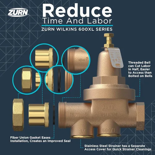 Miniatura 9 de Zurn Wilkins válvula de latón reductora de presión de agua de 3/4 de pulgada Modelo 34-600XL con válvula de revisión de paso y colador, Unión FNPT x
