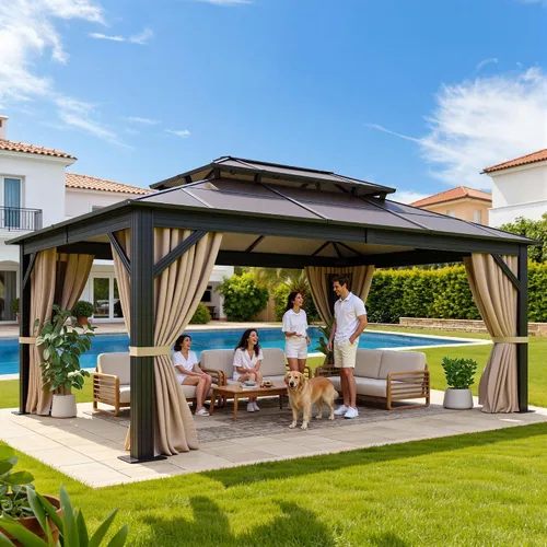 Miniatura 9 de YITAHOME Cenador de policarbonato de 10 x 12 pies para patio al aire libre, doble techo de hierro galvanizado, columna de aluminio, cortinas