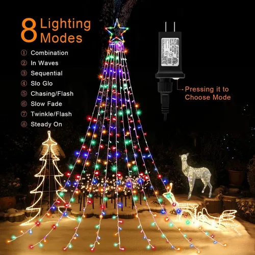 Miniatura 3 de DANLI - Decoraciones de Navidad, luces de cadena de Navidad para exteriores, 320 luces LED con estrella con temporizador