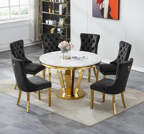 Miniatura 9 de Henf Juego de mesa de comedor redonda de mármol para 6, moderna mesa de comedor de 45 pulgadas con base de acero inoxidable con diseño de diamante
