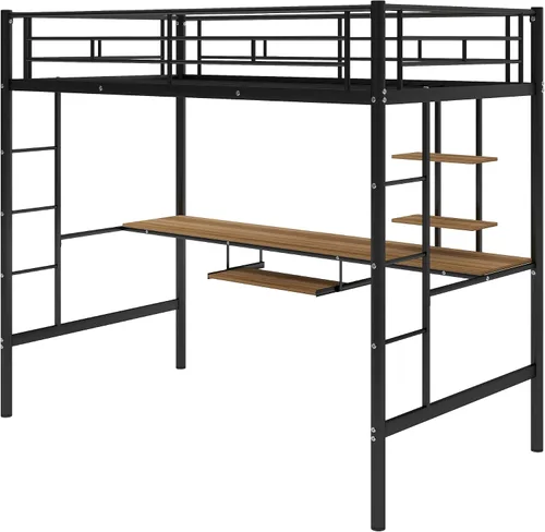 Miniatura 6 de Majnesvon Cama tipo loft de tamaño individual, cama alta con escritorio y estantes de almacenamiento, cama alta de metal tamaño individual