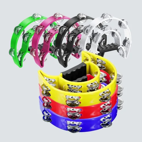 Miniatura 7 de Pandereta doble fila en media luna Flexzion, sonajas metálicas, agarre ergonómico, tambor de percusión multicolor, para hacer regalos, fiestas