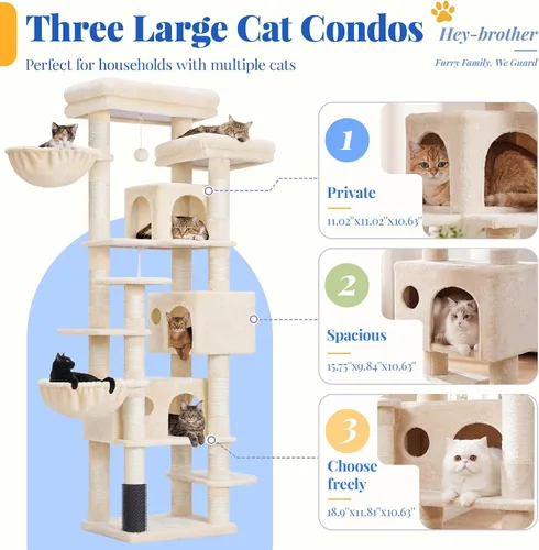 Miniatura 3 de Hey-brother Árbol de Gato, torre de gato de varios niveles XL de 74 pulgadas para gatos de interior con tres condominios para gatos, dos plataformas