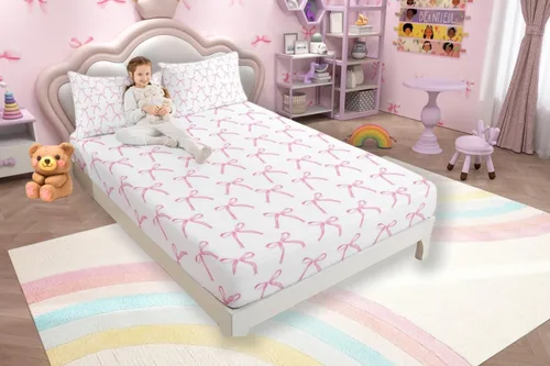 Miniatura 39 de Sábana bajera con lazo azul tamaño individual, juego de ropa de cama de princesa con cerezas, estrellas y flores margaritas de dibujos animados