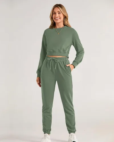 Miniatura 44 de BTFBM Conjunto deportivo de 2 piezas para mujer, camiseta corta de manga larga, sin botones, pantalón con cordón ajustable, pantalones deportivos