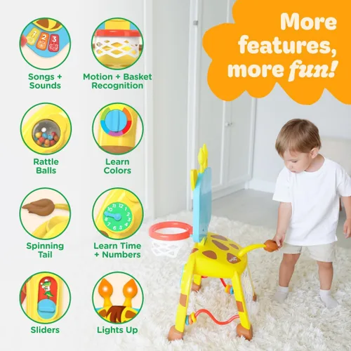 Miniatura 4 de Move2Play, Giraffe - Aro de baloncesto y centro de actividades de portería de fútbol Más de 30 sonidos y canciones + 5 luces Regalo de Jirafa
