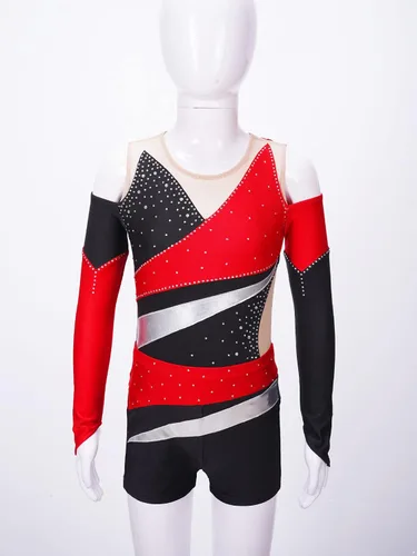 Miniatura 15 de JEATHA Conjunto de 2 piezas de leotardo de gimnasia de manga larga con hombros descubiertos y pantalones cortos atléticos para niñas