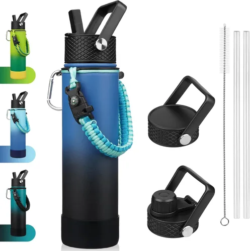 Miniatura 44 de BJPKPK - Botella de agua con tapa de popote, botellas de agua aisladas de 18 onzas con 3 tapas, asa de cuerda de paracaídas y base antideslizante