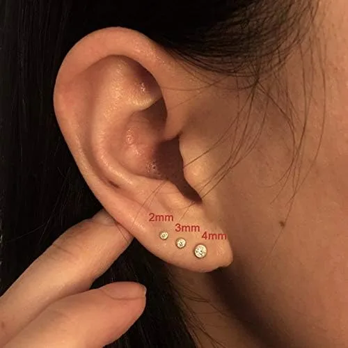 Miniatura 4 de Aretes tipo dormilona de plata esterlina para mujeres, hombres, niñas. 3 pares de pequeños aretes redondos de circonita cúbica con circonita cúbica