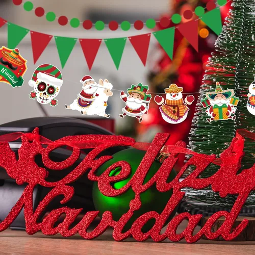 Miniatura 6 de Hollowfly 5 piezas de pancarta de Feliz Navidad, decoraciones mexicanas de Navidad en rojo, verde, pancarta de Navidad española, banderines de Feliz