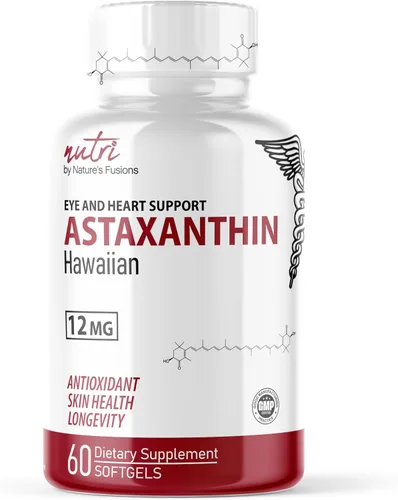 Nature's Fusions Nutri Astaxantina 12mg Max Strength - Suplementos premium cultivados en Hawái - Potente antioxidante, promueve la salud cardíaca y