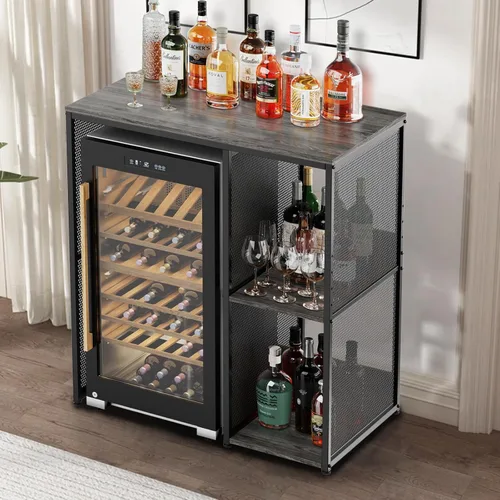 Miniatura 4 de KirKical - Gabinete de 3 niveles para barra de café con espacio para mini refrigerador, soporte de microondas resistente en color gris rústico