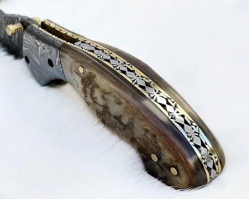 Miniatura 4 de Cuchillo de bolsillo de acero damasceno WINTERFELL para hombres con funda de cuero, cuchillos de caza plegables hechos a mano de 7 pulgadas, mango