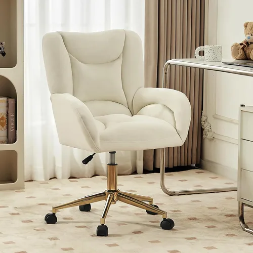 Miniatura 14 de FOXHUNTER Silla de tocador con respaldo ergonómico y ruedas, silla giratoria de 360°, silla de oficina en casa de altura ajustable para sala de Negro