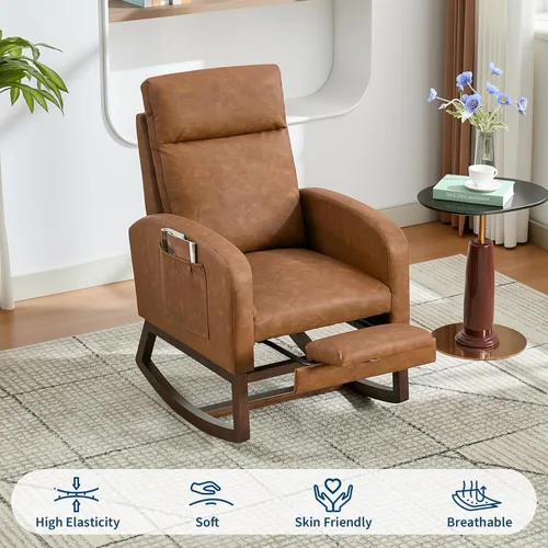 Miniatura 4 de Mecedora para guardería de mamá, mecedoras de poliuretano con reposapiés, respaldo alto y patas de madera y bolsillo lateral para sala de estar