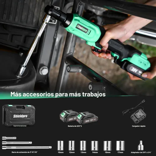 Miniatura 3 de Juego de llaves de trinquete inalámbricas de 20 V, kit de trinquete de potencia eléctrica de 3/8 pulgadas con 400 RPM, luz de trabajo LED y 2 Verde