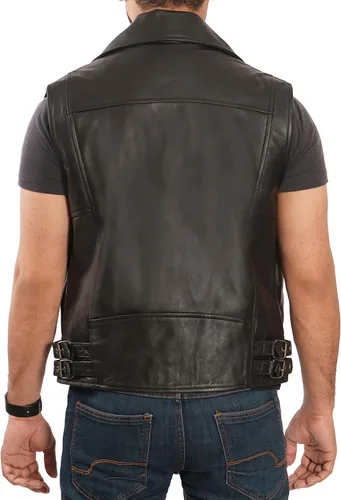 Miniatura 4 de Decrum Chaleco de cuero para hombre, estilo de motocicleta, sin mangas, de cuero real, con bolsillos ocultos