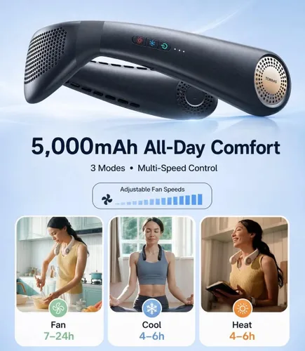 Miniatura 7 de TORRAS COOLiFY Air 2026 Ventilador de cuello mejorado de aire acondicionado, doble flujo de aire profesional, ventilador portátil ultraligero Negro