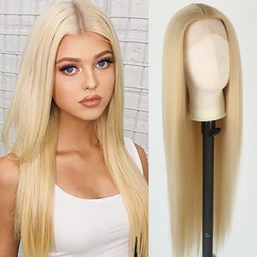 Miniatura 16 de Aubree Peluca de encaje frontal rubio 613, cabello largo y lacio, resistente al calor, fibra rubia, pelucas sintéticas sin pegamento, predepiladas