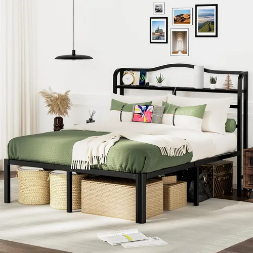 Base de cama Queen con cabecera y estación de carga, base de cama de metal de 18 pulgadas de alto, base de colchón resistente con gran espacio de 46
