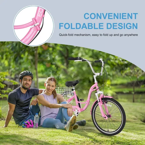 Miniatura 3 de NAIZEA Triciclo plegable para adultos, 7 velocidades, 20/24/26 pulgadas, triciclo plegable para adultos, bicicleta de 3 ruedas, triciclo plegable