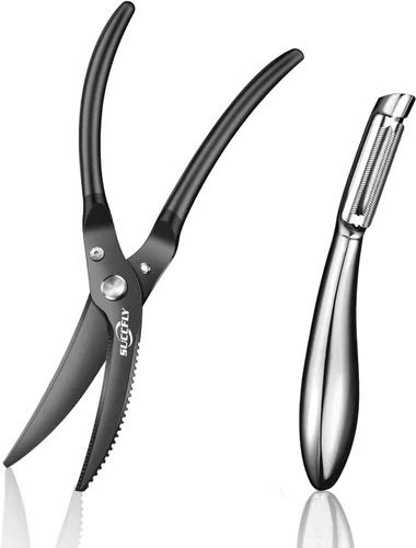 SUCCFLY Kit de herramientas de cocina de alta calidad, tijeras de cocina resistentes + pelador de frutas y verduras en forma de I, diseño ergonómico