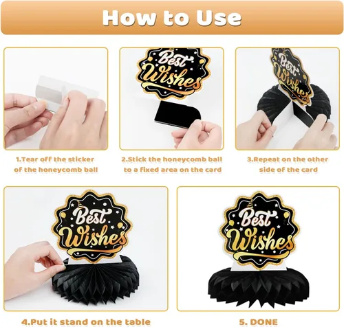 Miniatura 4 de 9 piezas de decoración de mesa de fiesta de cumpleaños, centros de mesa de panal de abeja de oro negro para mesa, decoración de mesa de cumpleaños