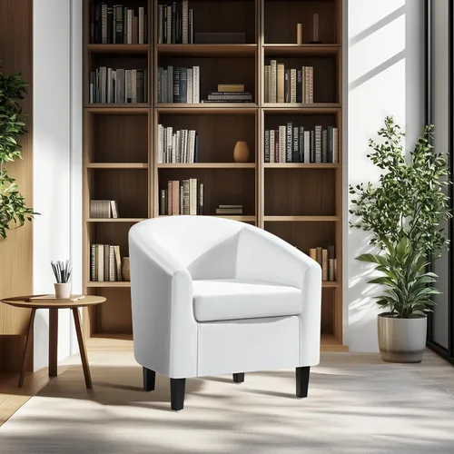 Miniatura 2 de Yaheetech Silla de cuero blanco, silla acentuada de cuero sintético, silla moderna de barril, silla de club cómoda con patas suaves acolchadas