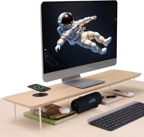 Miniatura 8 de SUIBIAN Soporte elevador de monitor negro con carga inalámbrica de 31.5 pulgadas, grande, soporte para monitor de computadora, estante organizador