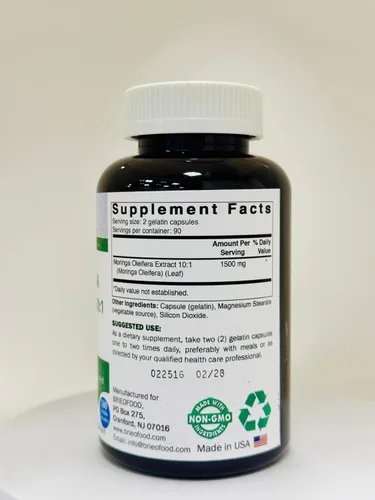 Miniatura 5 de Brieofood Extracto de Moringa Oleifera 10:1 1500 mg - 180 cápsulas - Suplemento sin OMG y sin gluten - Superalimento verde de hoja de moringa