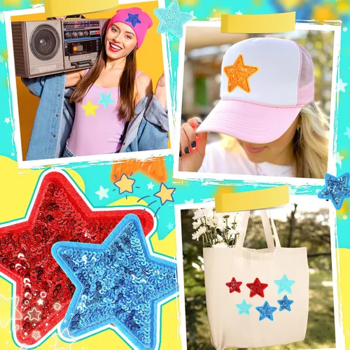 Miniatura 3 de Parches de estrellas de lentejuelas para sombreros de camionero: KINGSOW 20 piezas de parche brillante para planchar para ropa, chaquetas, mochilas
