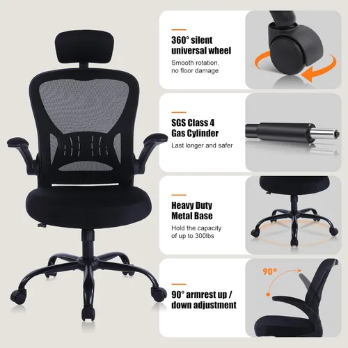 Miniatura 6 de Silla de oficina ergonómica de escritorio, cómoda altura ajustable con ruedas, soporte lumbar de malla giratoria para computadora, silla de oficina
