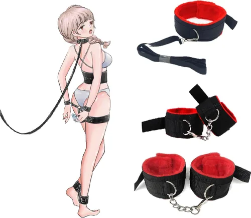 Miniatura 3 de Juego de amarres de cuello a muñeca detrás de la espalda, color rojo, juego de amarres sexuales para mujeres para barra de muñeca, esposas sexuales