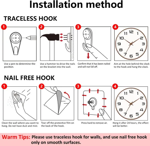 Miniatura 9 de Reloj de pared de grano de madera, silencioso sin tictac, funciona con pilas, 8 pulgadas, números grandes y fáciles de leer, reloj analógico moderno