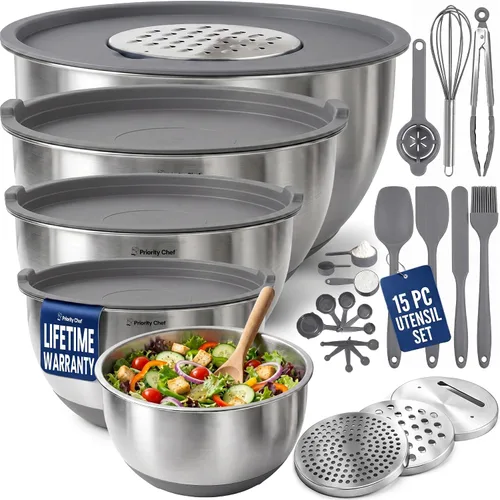 Miniatura 11 de Priority Chef Juego de tazones para mezclar de acero inoxidable con tapas, cuencos de metal con tapas herméticas, ralladores, base antideslizante