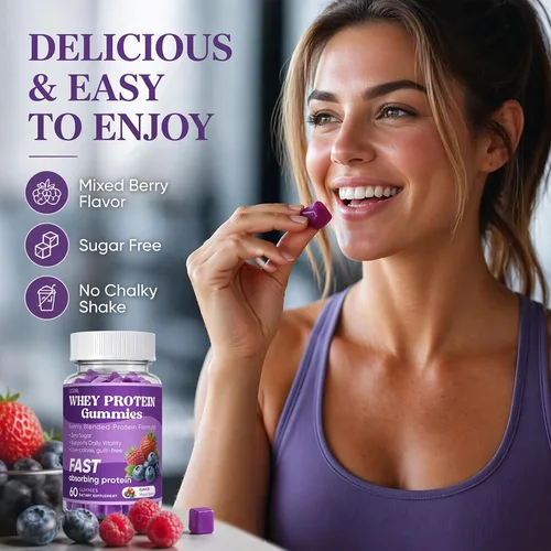 Miniatura 5 de Gomitas de proteína de suero de leche, sabor a bayas mixtas, 5.71 oz de proteína de absorción rápida por botella, sin azúcar, bajas en calorías