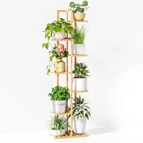 Miniatura 10 de ROSSNY Soporte para Plantas de Interior de 55 Pulgadas de Alto, 7 Niveles 8 Macetas Soporte de Bambú para Plantas de Interior, Soporte de Plantas