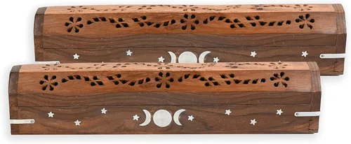 Miniatura 8 de Paquete de 2 soportes para varillas de incienso, estilo ataúd, quemador de incienso de madera con incrustaciones de BUDDHA (NATURAL) hecho a mano