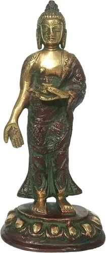 Miniatura 8 de Purpledip Latón Ídolo Reina Maya de Sakya, Madre de Gautam Buda: Estatua Vintage Acabado Oro (12155)