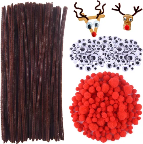 TUPARKA Juego de 650 piezas de renos de Navidad, incluye 70 limpiadores de pipas marrones, 320 ojos saltones y 260 pompones rojos, narices rojas