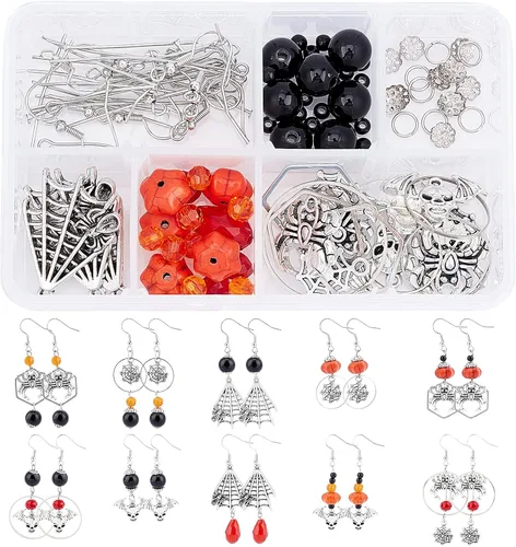 Miniatura 7 de SUNNYCLUE 1 caja de bricolaje para hacer 10 pares de aretes colgantes con temática de Halloween, kits de fabricación de joyas, calavera, calabaza