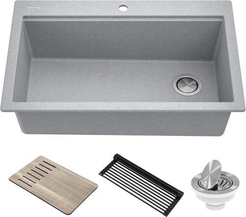 Miniatura 23 de KRAUS Bellucci KGTW12-18MBL - Fregadero de cocina de estación de trabajo de granito, 46 cm, montaje directo, cuenco individual, montaje superior