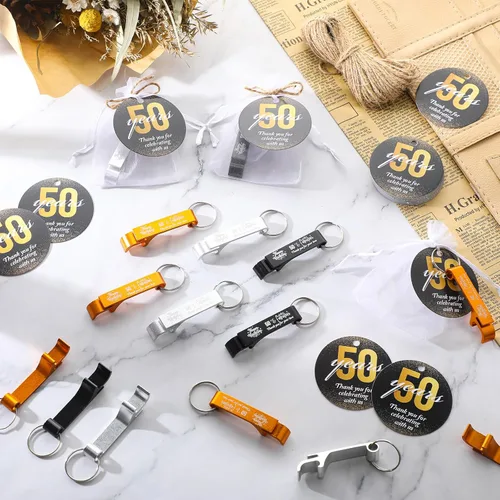 Miniatura 4 de Dandat 54 juegos de recuerdos de fiesta de cumpleaños número 50 para invitados, llavero abridor de cerveza de cumpleaños Cheers to 50, llavero