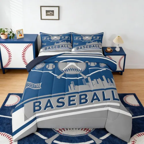 Miniatura 11 de Juego de edredón con bandera de Estados Unidos, juego de ropa de cama de béisbol y sóftbol, tamaño Queen, edredón acolchado con estrellas blancas