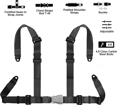 Miniatura 3 de Yakitoko Universal Set de arnés de seguridad de 4 puntos 2" Negro, se adapta a Go Kart, UTV, ATV, carreras