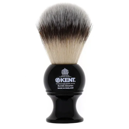 Kent BLK4S - Brocha de afeitar con cerdas sintéticas de texto plateado ultra suaves y mango de resina negra para usar con crema de afeitar o jabón