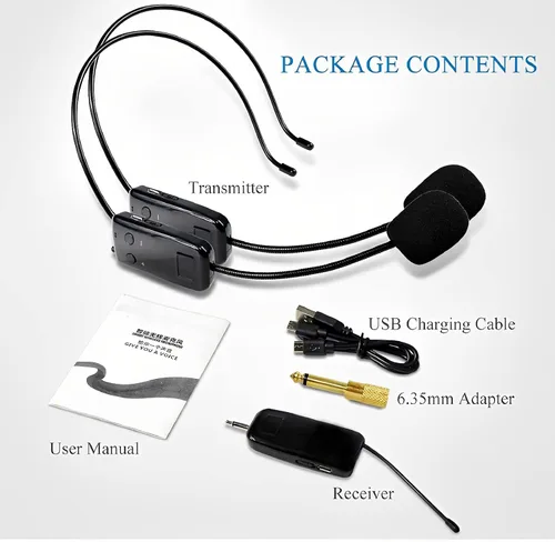 Miniatura 6 de Sistema de micrófono inalámbrico 2.4G para dos personas, alcance de 165 pies, transmisión estable, micrófono de auriculares portátil