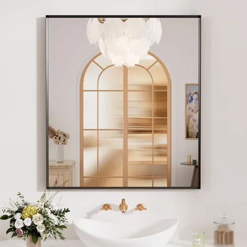Miniatura 19 de Espejo de baño LED de 60x36 pulgadas con marco negro, espejos de baño retroiluminados y con luz frontal para pared, antiempañamiento, regulable