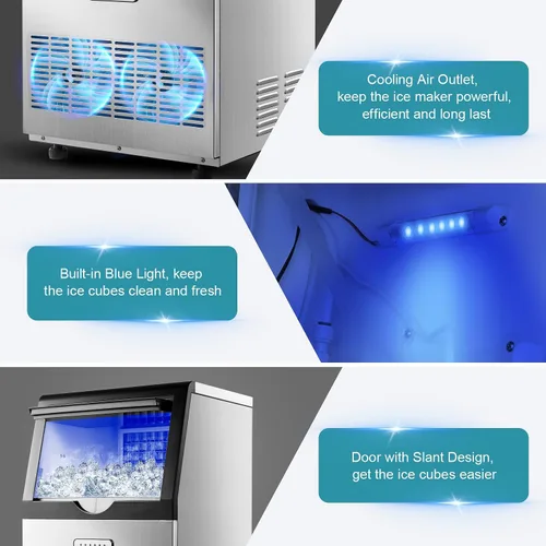 Miniatura 9 de Amzgachfktch Commercial Ice Maker 100 Lbs/24H, Auto Self-Cleaning Ice Maker, LED Display, Blue Light, Under Counter/Freestanding Ice Machine for
